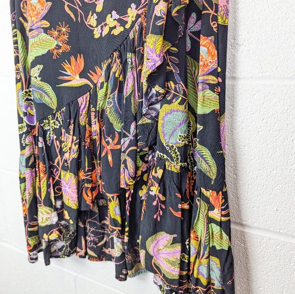 NWOT H&M Tropical Print Midi Skirt Black Hi-Lo Ruffle Viscose Small/Medium Color - Picture 3 of 13